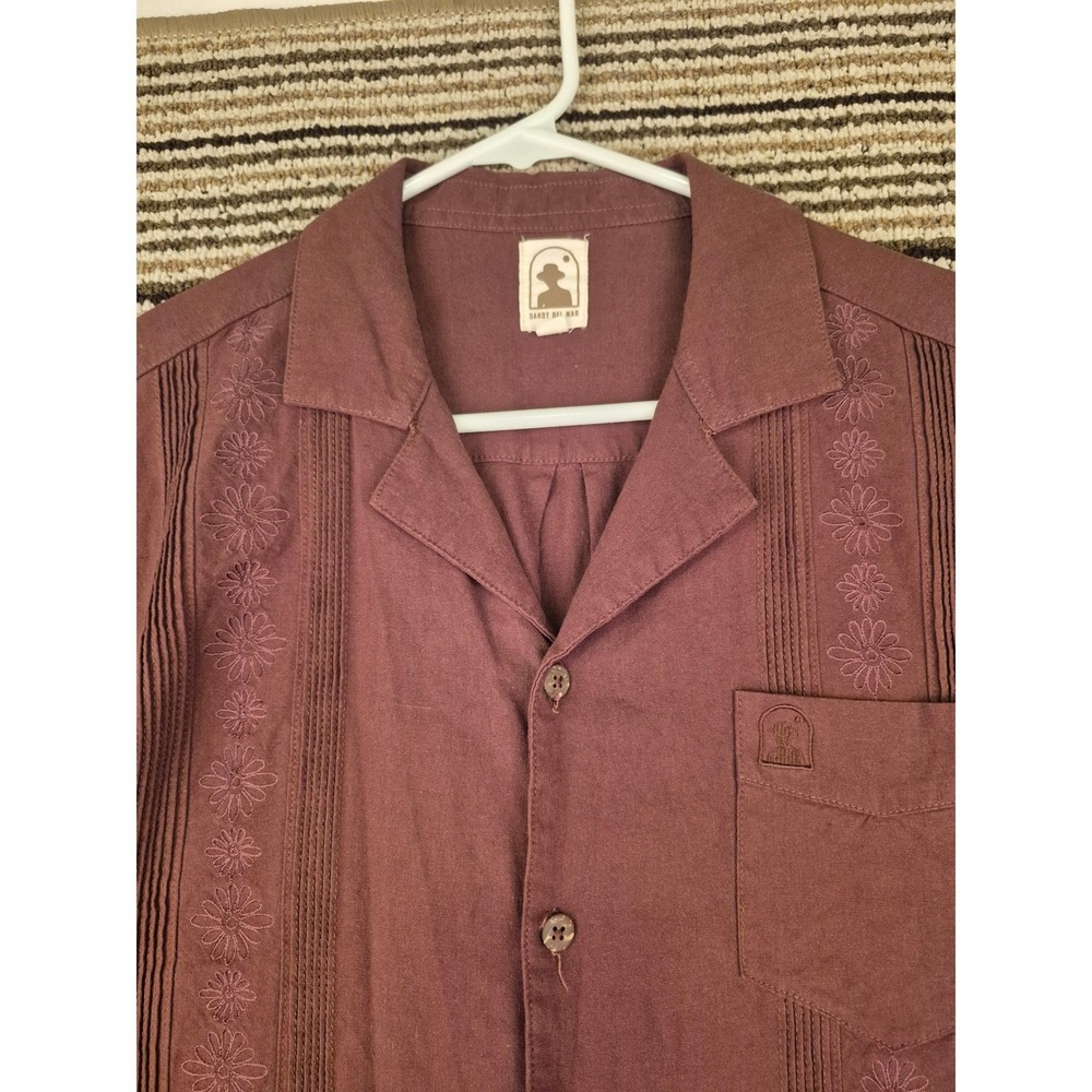 Dandy Del Mar Mens Brown Linen Blend Embroidered Guayabera Camp Shirt Small